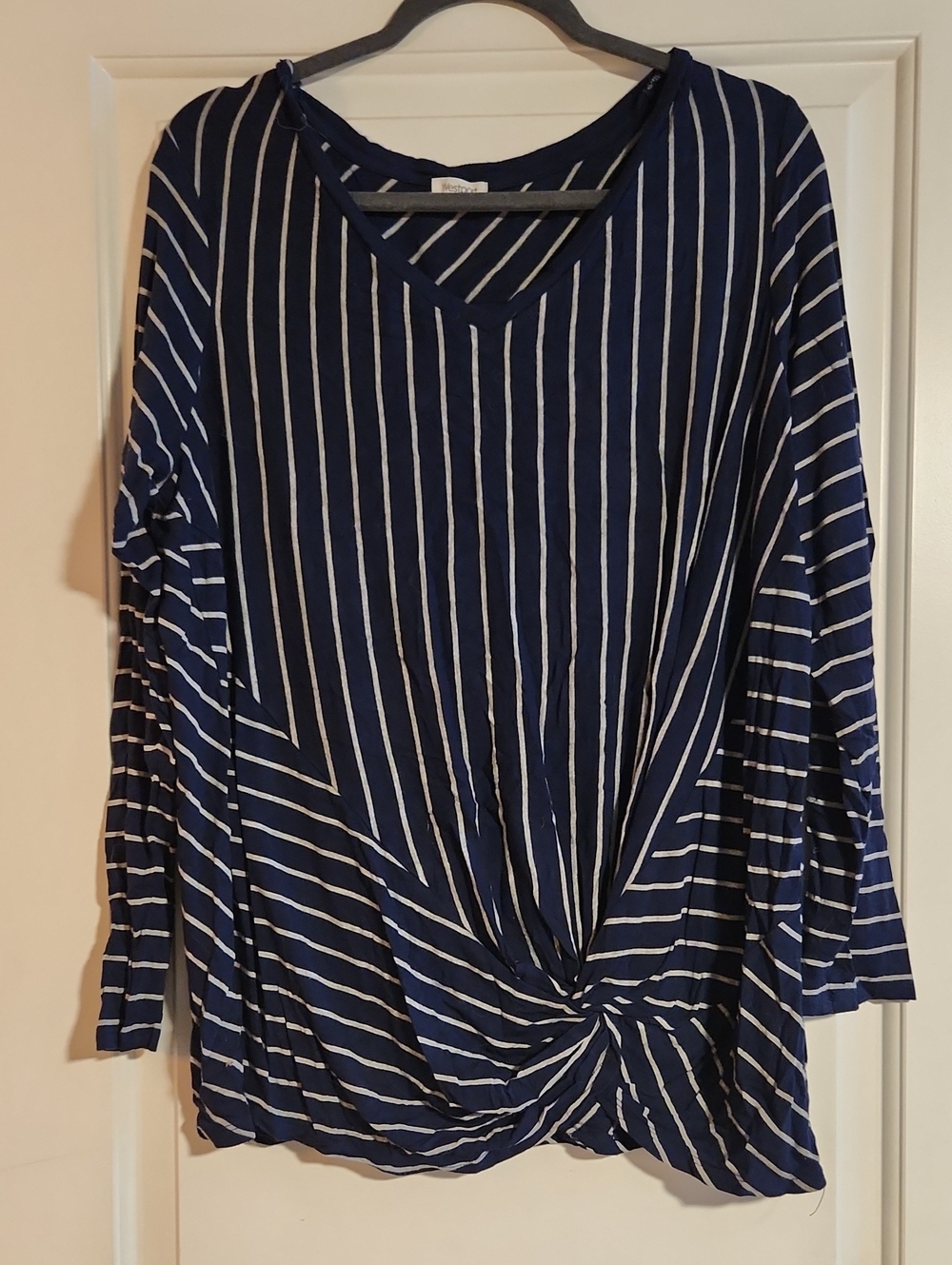 Westport Navy and White V‑Neck Long Sleeve Twist Front Top